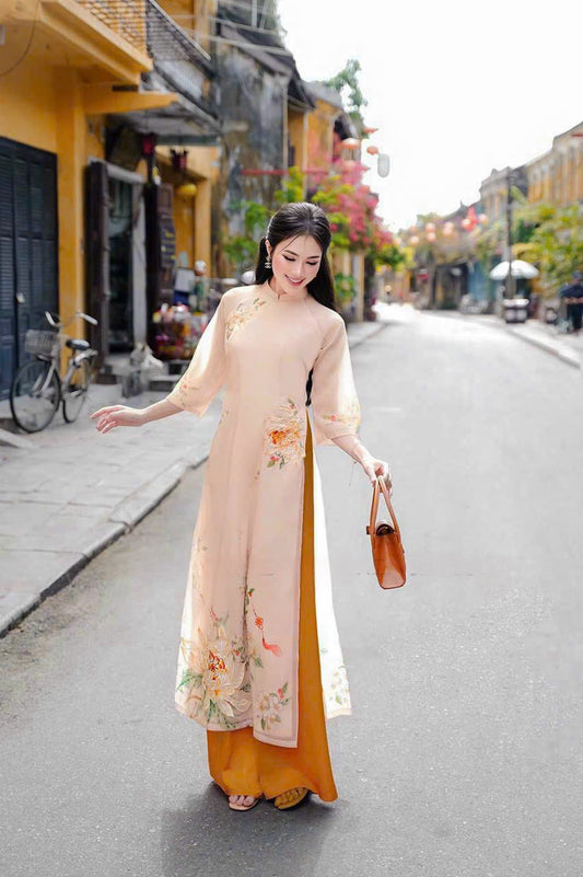 Pastel Chrysanthemum Ao Dai Set (Orange Pants)| Pre-made Modernized Vietnamese Ao Dai| Women Ao Dai with Pants| Lunar New Year|