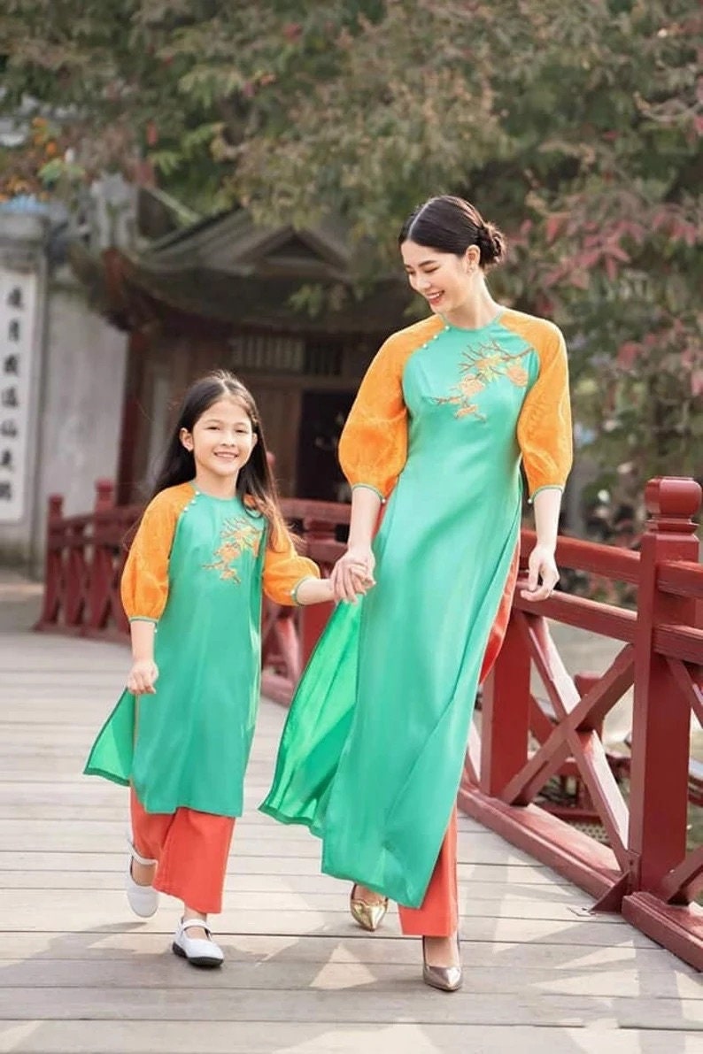 Girl Green/Orange Mai | Pre-made Traditional Vietnamese Ao Dai | Lunar New Year | Ao Dai for Girl | Ao Dai Tet | B1