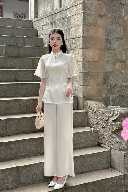 Gam Neck Detail Temple Set (White, Pink)| Pre-made Traditional Vietnamese Ao Dai| Lunar New Year|Do Lam|Phap Phuc|Women Ao Dai with Pants|M4