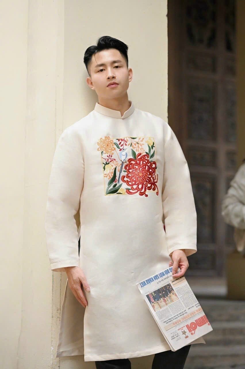 Men Cream Embroidery Sparrow Ao Dai Set| Pre-made Traditional Vietnamese Ao Dai| Lunar New Year | Ao Dai for Dad, Boy | Ao Dai Tet|