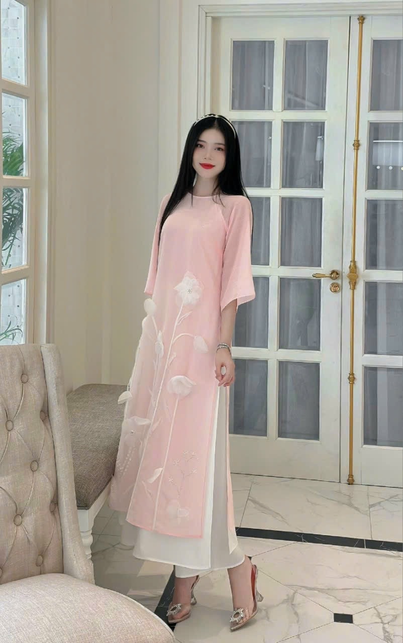 Shifted White/Pink/Green 3D Florals Ao Dai Set | Pre-made Modernized Vietnamese Ao Dai | Pastel Ao Dai with Pants | Lunar New Year|