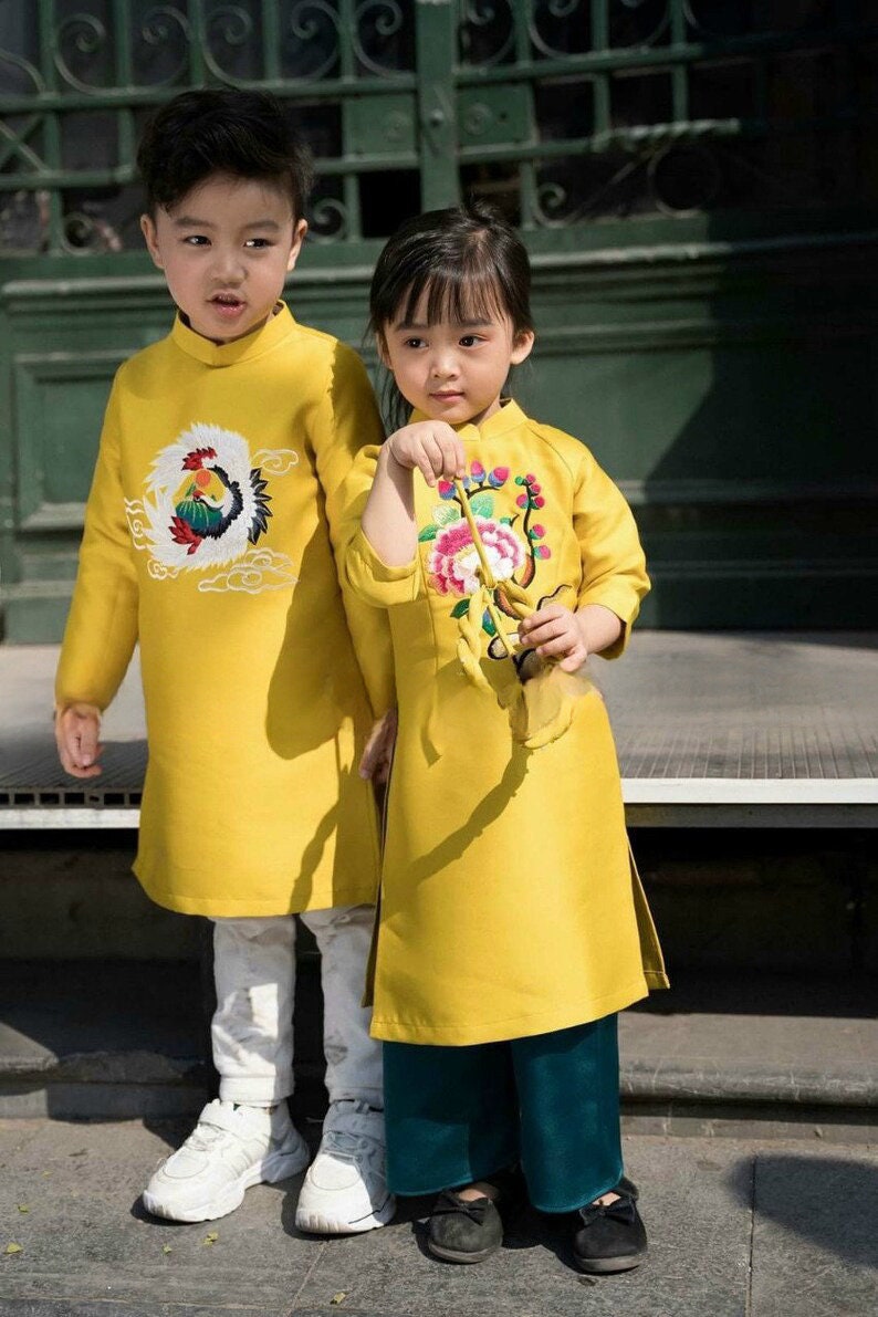 Family Yellow Embroidery Ao Dai Set| Pre-made Traditional Vietnamese Ao Dai| Lunar New Year | Ao Dai for Girl, Mom, Dad, Boy | Ao Dai Tet |