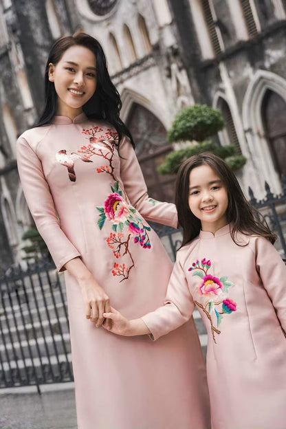 Family MUTED Blush Embroidery Ao Dai Set| Pre-made Traditional Vietnamese Ao Dai| Lunar New Year| Ao Dai for Girl, Mom, Dad, Boy | Ao Dai Te