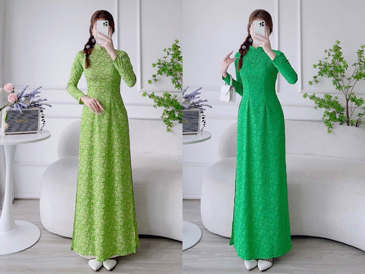 Green Traditional Collar Gam Silk Ao Dai Set | Pre-made Traditional Vietnamese Ao Dai | Women Ao Dai with Pants | Lunar New Year|