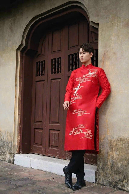 Men Red Hac Ao Dai Set| Pre-made Traditional Vietnamese Ao Dai|Lunar New Year|Ao Dai for Dad | Ao Dai Truyen Thong| Ao Dai Tet |