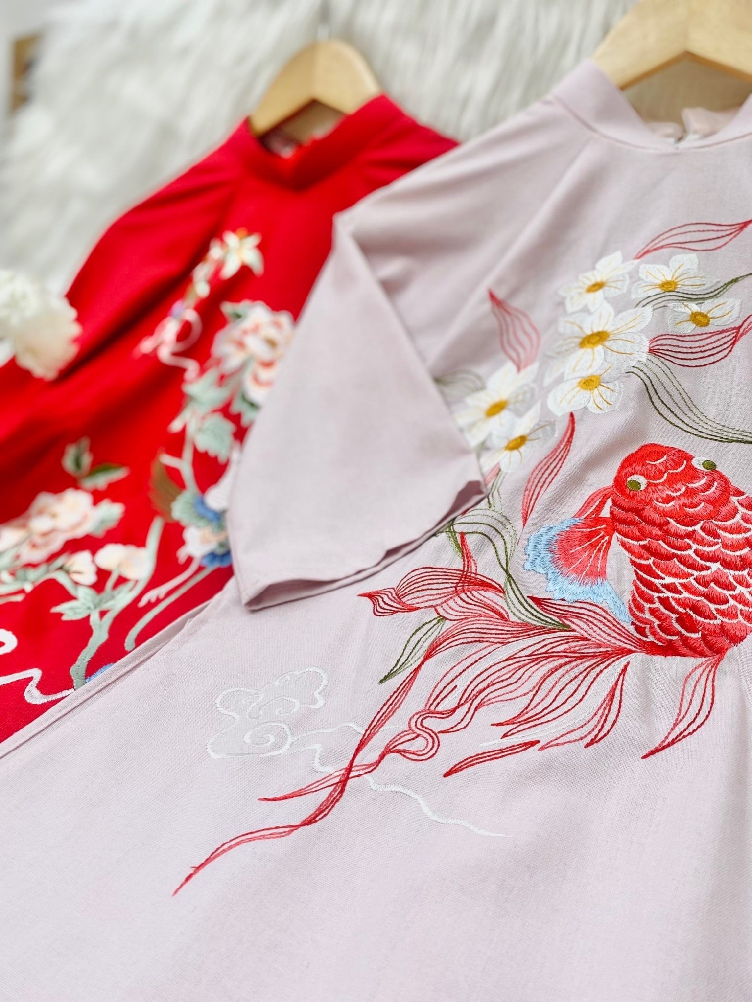 Shifted Embroidery Pink / Red Ao Dai Set |Pre-made Vietnamese Ao Dai|Women Ao Dai with Pants |Lunar New Year| Ao Dai Truyen Thong|