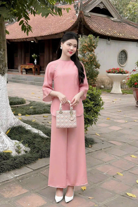 Pearl Chiffon Temple Set (Pink, Cream, Green)| Pre-made Vietnamese Ao Dai|Lunar New Year|Bo Do Lam|Phap Phuc|Women Ao Dai with Pants|G4