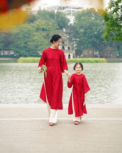 Mom and Daughter Shifted Red Gam Matching Ao Dai Set (White Pants)| Pre-made Traditional Vietnamese Ao Dai | Lunar New Year | Ao Dai Girl
