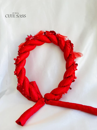 White / Red Headband with 3D Flowers - Mấn | Pre-made Vietnamese Ao Dai Accessories | Wedding Ao Dai Accessories