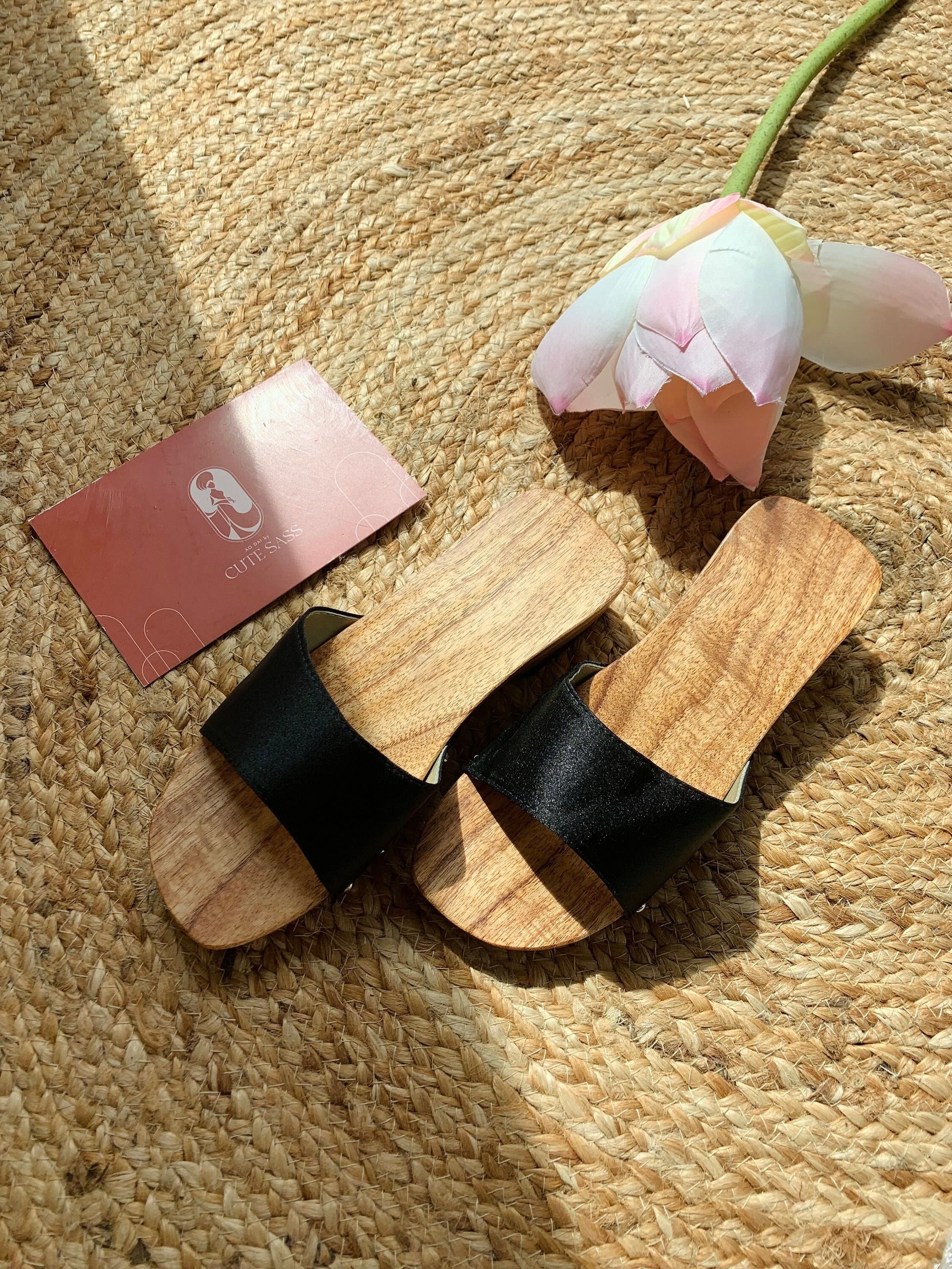 Black Guoc Moc - Women Wooden Heels | Pre-made Vietnamese Ao Dai Wood Shoes | Women Traditional Ao Dai Shoes
