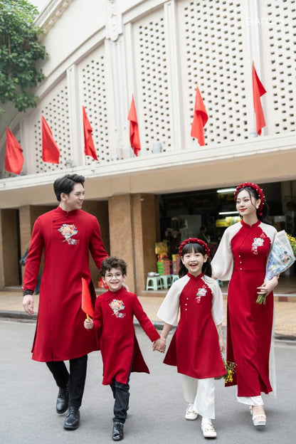 Family DEEP RED Pearls Ao Dai Set (No Headband) | Pre-made Vietnamese Ao Dai| Lunar New Year | Ao Dai for Girl, Mom, Dad, Boy |Ao Dai Tet|I1