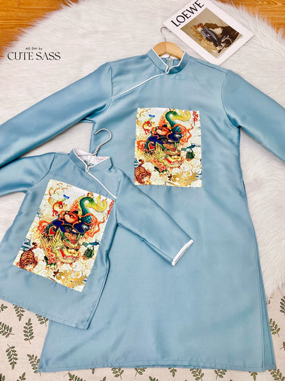 Men and Boy Blue Lan Ao Dai Set | Pre-made Vietnamese Ao Dai| Lunar New Year | Ao Dai for Girl, Mom, Dad, Boy | Ao Dai Tet|J1