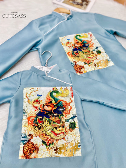 Men and Boy Blue Lan Ao Dai Set | Pre-made Vietnamese Ao Dai| Lunar New Year | Ao Dai for Girl, Mom, Dad, Boy | Ao Dai Tet|J1