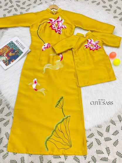 Family Yellow/Prussian Koi Ao Dai Set | Pre-made Vietnamese Ao Dai| Lunar New Year | Ao Dai for Girl, Mom, Dad, Boy | Ao Dai Tet|