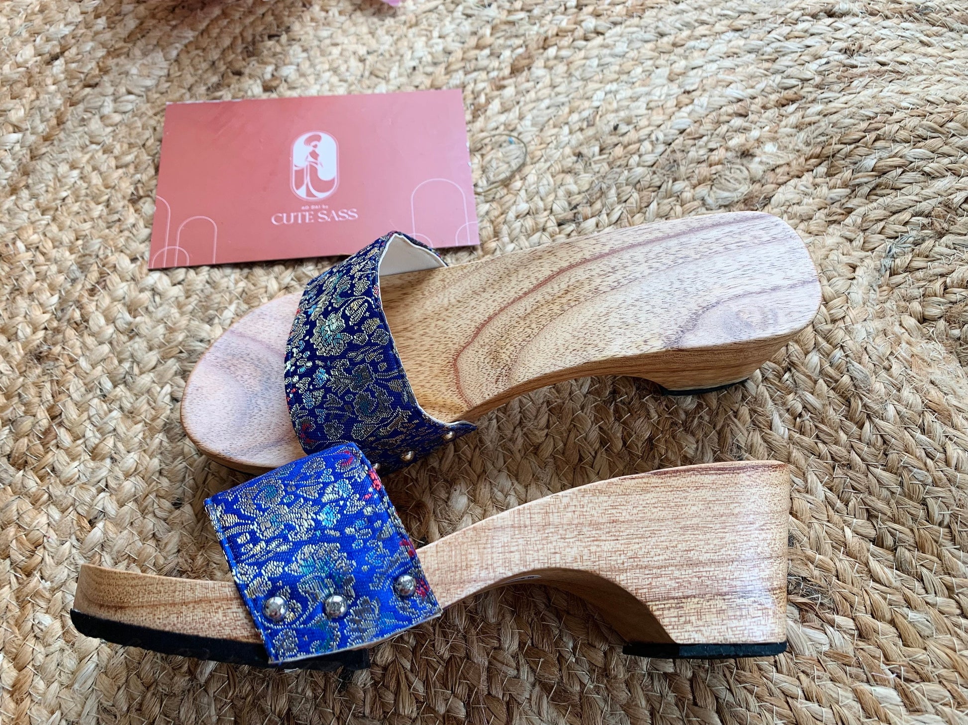 Blue Patterned Guoc Moc - Women Wooden Heels | Pre-made Vietnamese Ao Dai Wood Shoes | Women Traditional Ao Dai Shoes