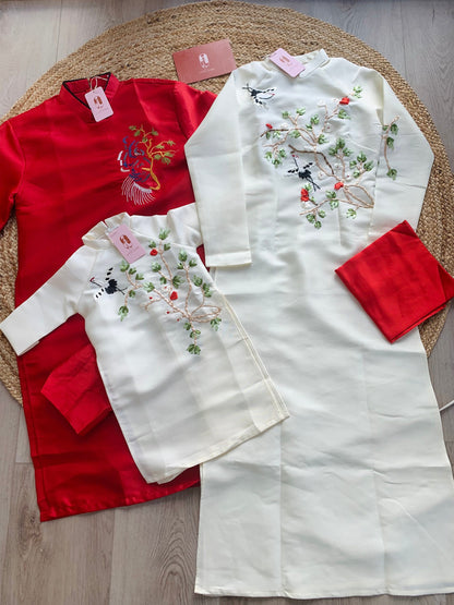 Family Red/White Ribbons Ao Dai Set