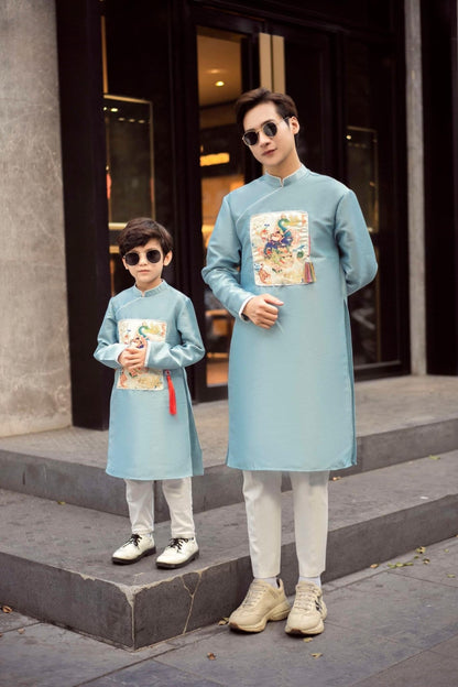 Men and Boy Blue Lan Ao Dai Set | Pre-made Vietnamese Ao Dai| Lunar New Year | Ao Dai for Girl, Mom, Dad, Boy | Ao Dai Tet|J1