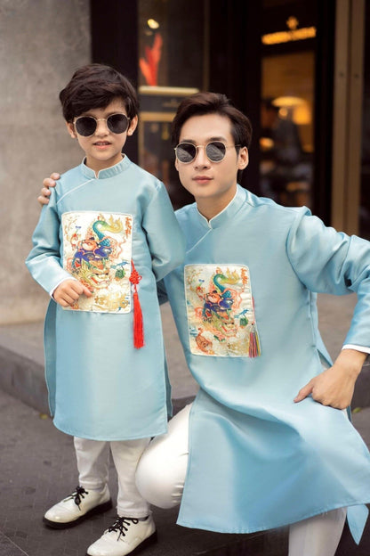 Men and Boy Blue Lan Ao Dai Set | Pre-made Vietnamese Ao Dai| Lunar New Year | Ao Dai for Girl, Mom, Dad, Boy | Ao Dai Tet|J1