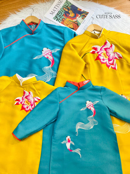 Family Yellow/Prussian Koi Ao Dai Set | Pre-made Vietnamese Ao Dai| Lunar New Year | Ao Dai for Girl, Mom, Dad, Boy | Ao Dai Tet|
