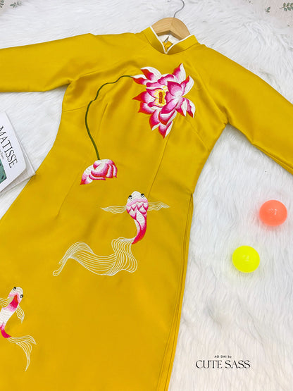 Family Yellow/Prussian Koi Ao Dai Set | Pre-made Vietnamese Ao Dai| Lunar New Year | Ao Dai for Girl, Mom, Dad, Boy | Ao Dai Tet|