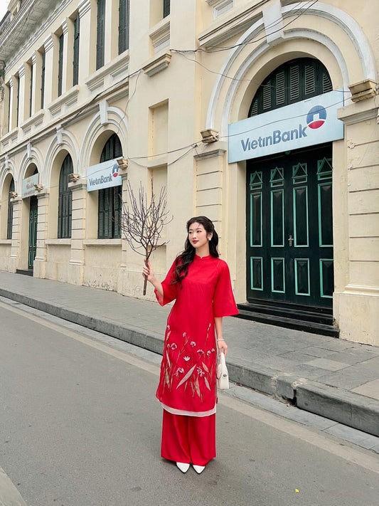 Shifted Red Chiffon Ao Dai Set