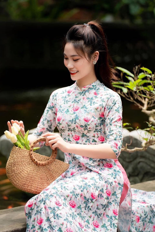 White Mini Roses Ao Dai Top Only (No Pants) | Pre-made Traditional Vietnamese Ao Dai | Ao Dai Vietnam | Lunar New Year