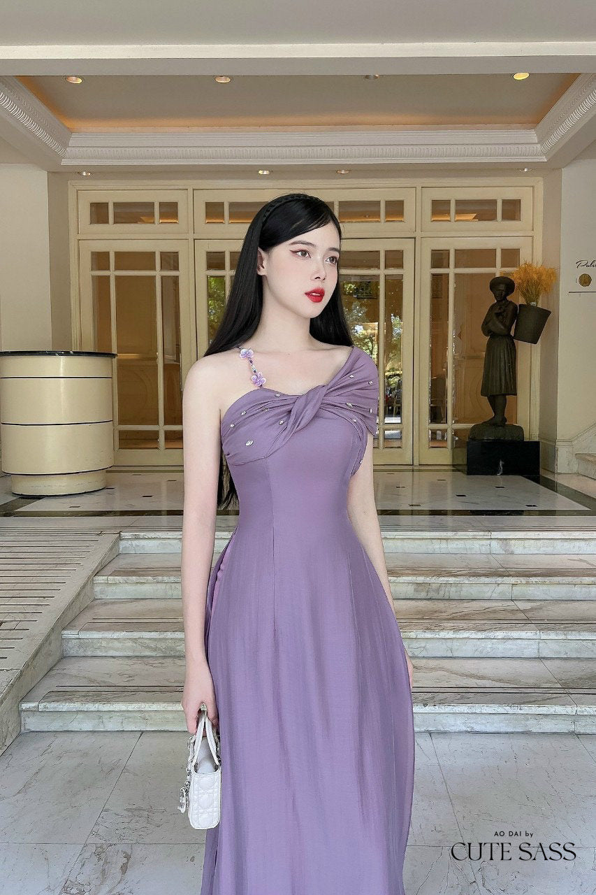 Muted Purple Off One Shoulder Ao Dai Set (Dark Purple Pants) | Pre-made Modernized Vietnamese Ao Dai| Lunar New Year| Ao Dai Cach Tan |