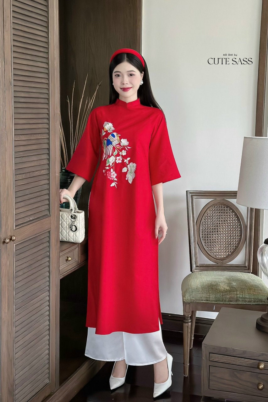 Shifted Red Ao Dai Set | Pre-made Modernized Vietnamese Ao Dai| Women Ao Dai with Pants | Lunar New Year| Ao Dai Truyen Thong|
