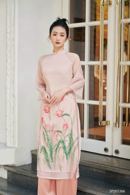 Mom and Daughter Blush Chiffon Tulip Ao Dai Set| Pre-made Traditional Vietnamese Ao Dai | Lunar New Year | Ao Dai for Girl, Mom