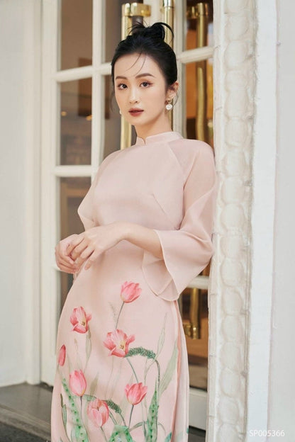 Mom and Daughter Blush Chiffon Tulip Ao Dai Set| Pre-made Traditional Vietnamese Ao Dai | Lunar New Year | Ao Dai for Girl, Mom