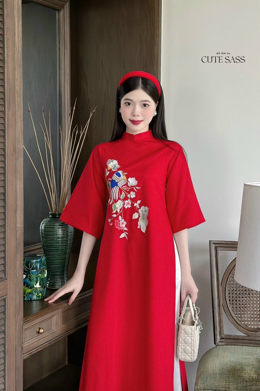 Shifted Red Ao Dai Set | Pre-made Modernized Vietnamese Ao Dai| Women Ao Dai with Pants | Lunar New Year| Ao Dai Truyen Thong|