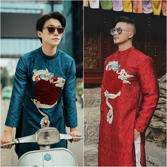 Men Blue/Red Embroidery Moon Dragon Ao Dai Set| Pre-made Traditional Vietnamese Ao Dai| Lunar New Year | Ao Dai for Dad, Boy | Ao Dai Tet|