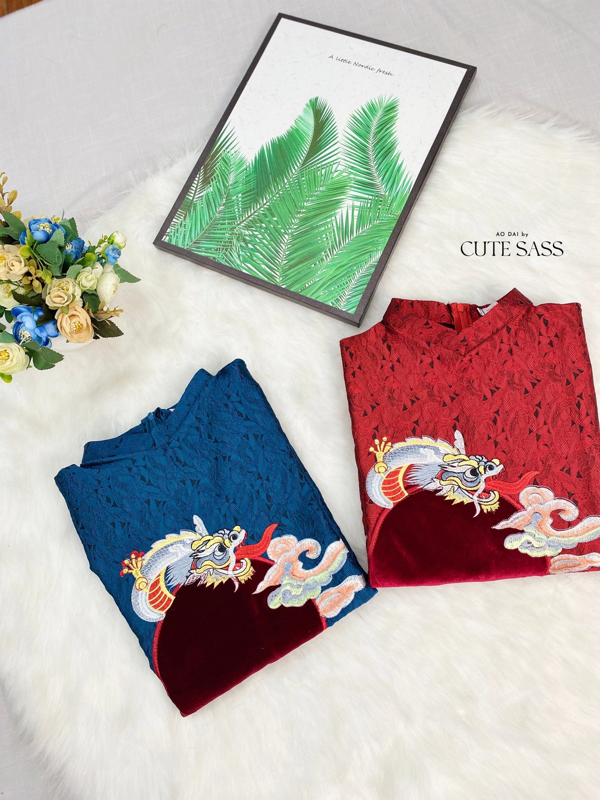 Men Blue/Red Embroidery Moon Dragon Ao Dai Set| Pre-made Traditional Vietnamese Ao Dai| Lunar New Year | Ao Dai for Dad, Boy | Ao Dai Tet|
