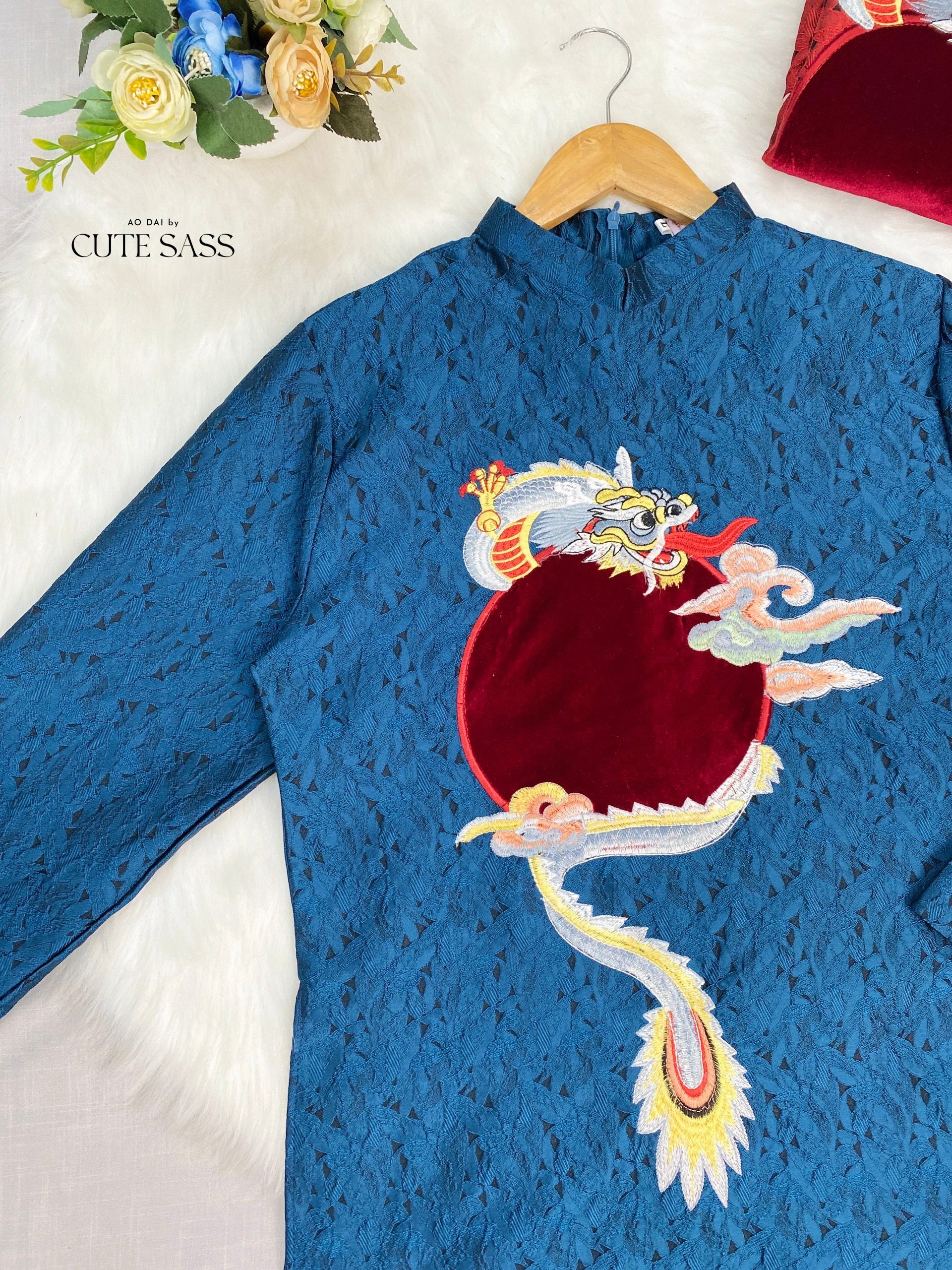 Men Blue/Red Embroidery Moon Dragon Ao Dai Set| Pre-made Traditional Vietnamese Ao Dai| Lunar New Year | Ao Dai for Dad, Boy | Ao Dai Tet|
