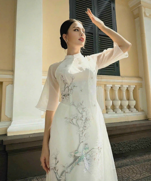 White 3D Branches Ao Dai Set | Pre-made Modernized Vietnamese Ao Dai| Ao Dai with Pants| Lunar New Year| Ao Dai Cach Tan|