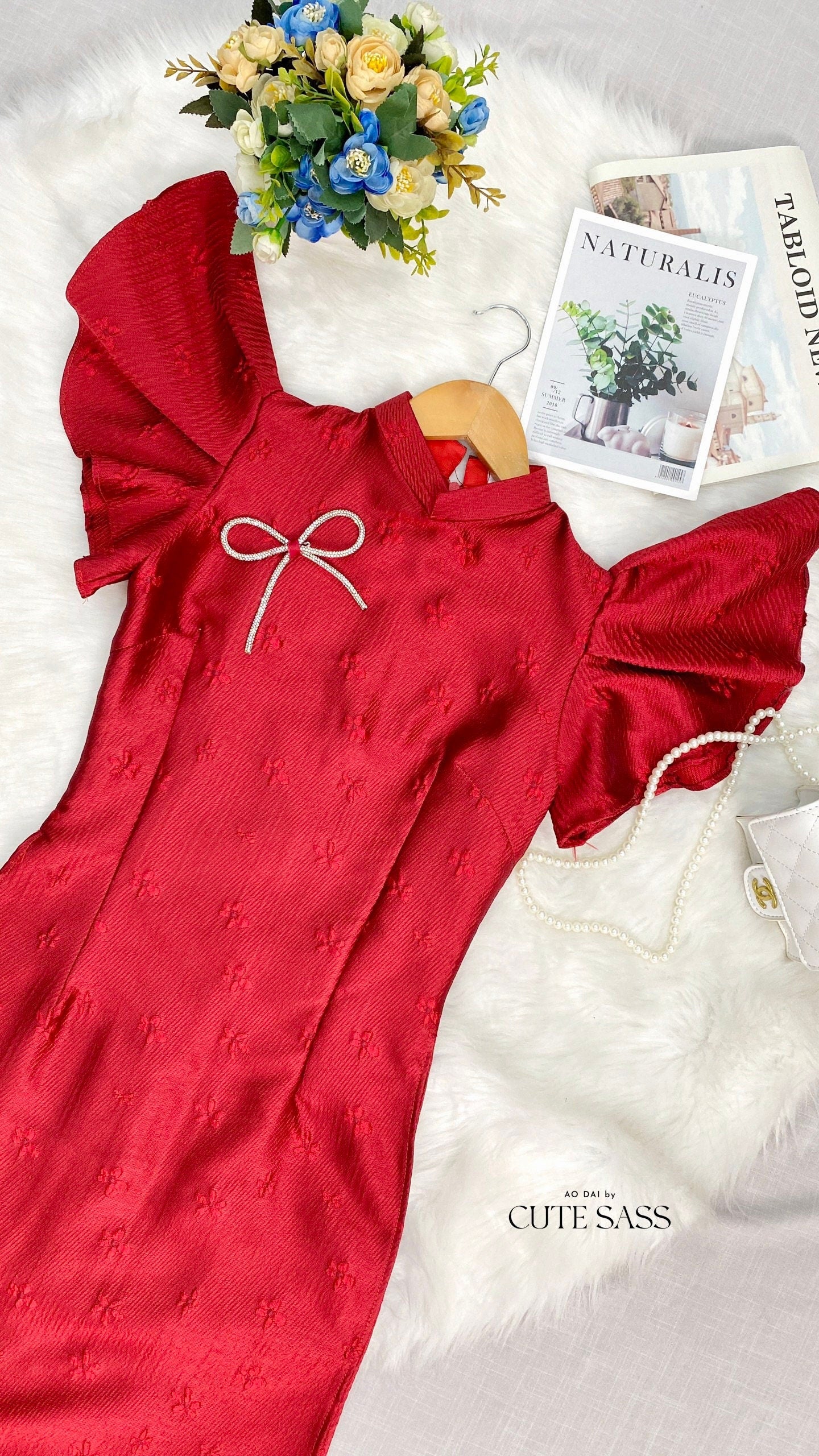 Red Wing Sleeve with Bow Pin Ao Dai Set | Pre-made Modernized Vietnamese Ao Dai | Ao Dai with Pants| Lunar New Year| Ao Dai Cach Tan|