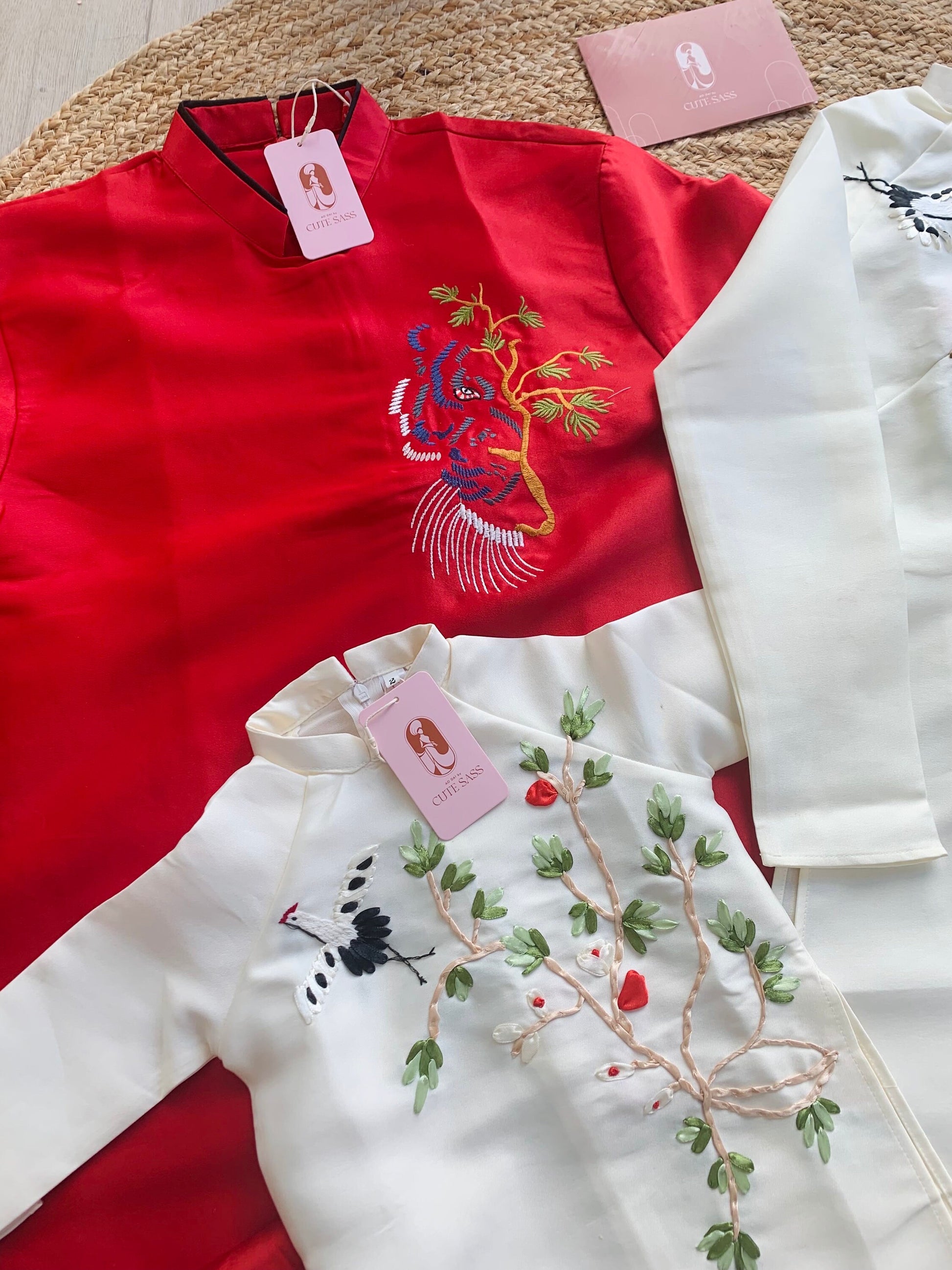 Family Red/White Ribbons Ao Dai Set