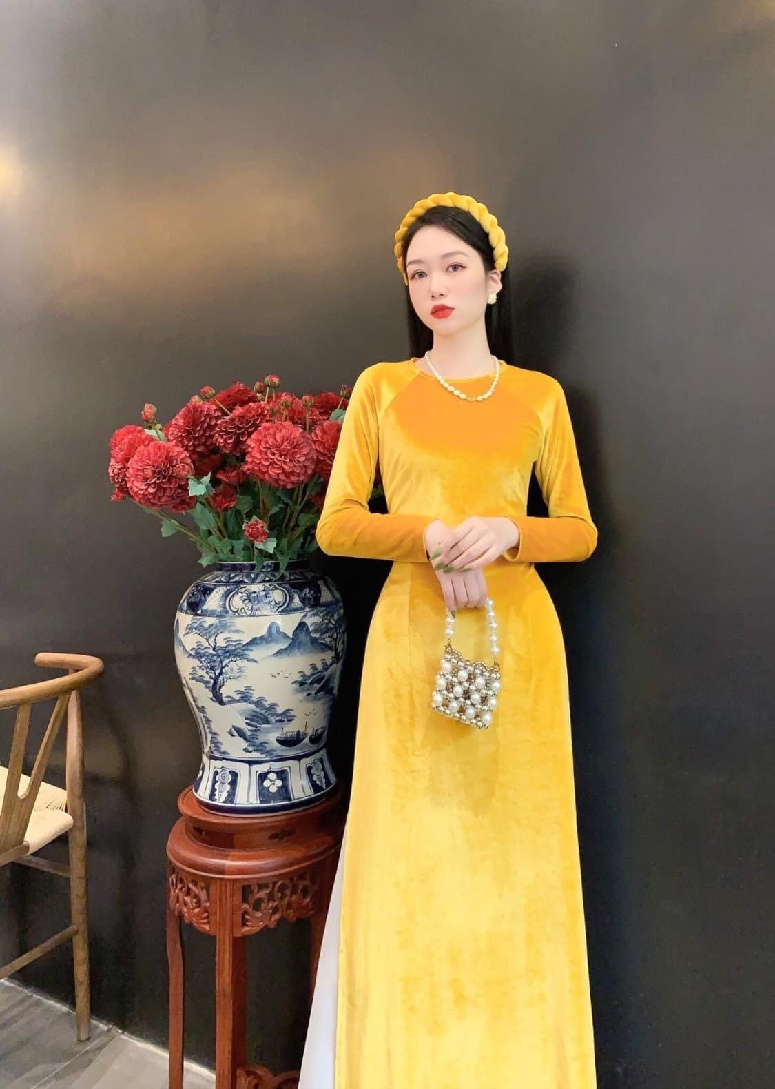 Yellow Velvet Ao Dai Top Only, NO PANTS