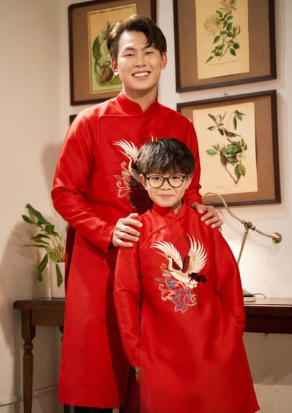 Family Red Hac Embroidery Ao Dai Set (No Headband) | Pre-made Vietnamese Ao Dai| Lunar New Year | Ao Dai for Girl, Mom, Dad, Boy|