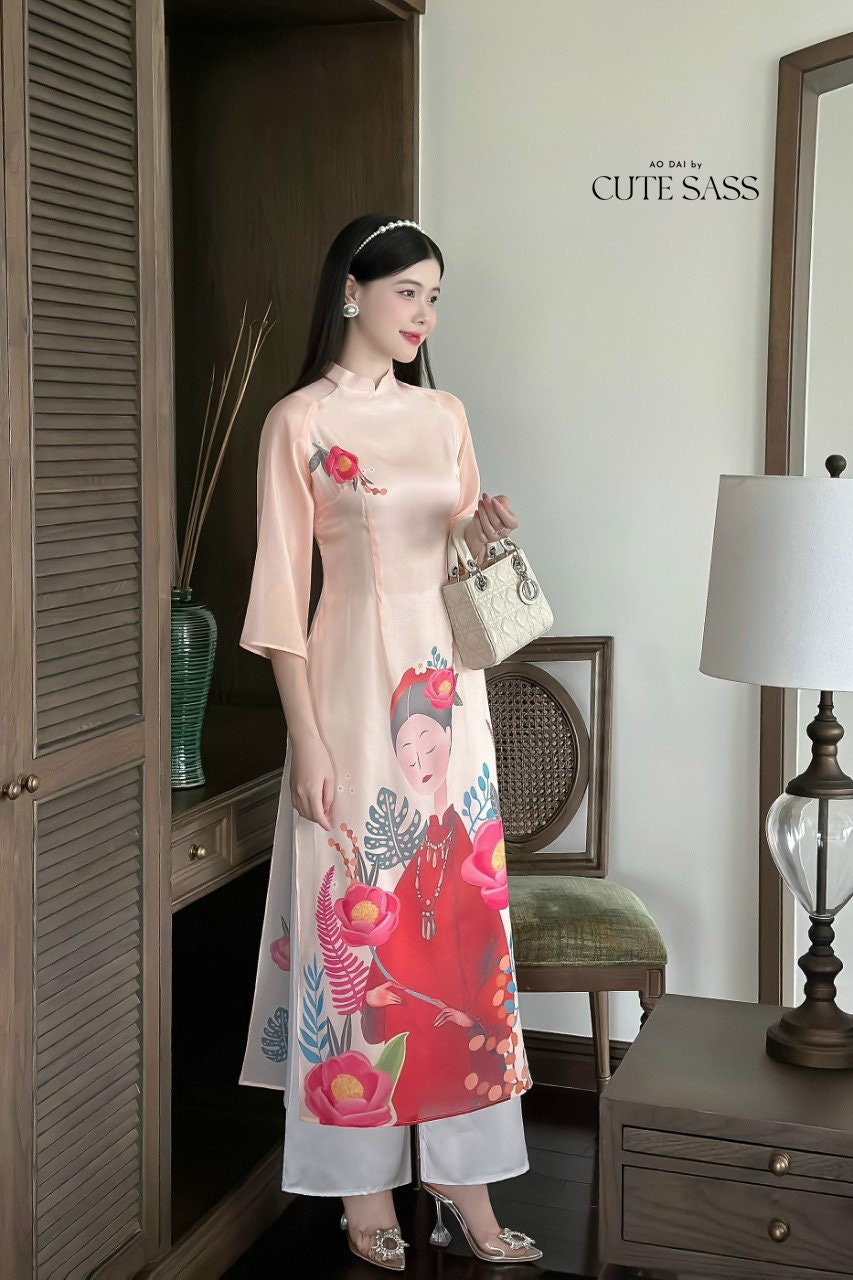 Blush Printed Chiffon Ao Dai Set | Pre-made Modernized Vietnamese Ao Dai| Women Ao Dai with Pants| Lunar New Year| Ao Dai Cach Tan|