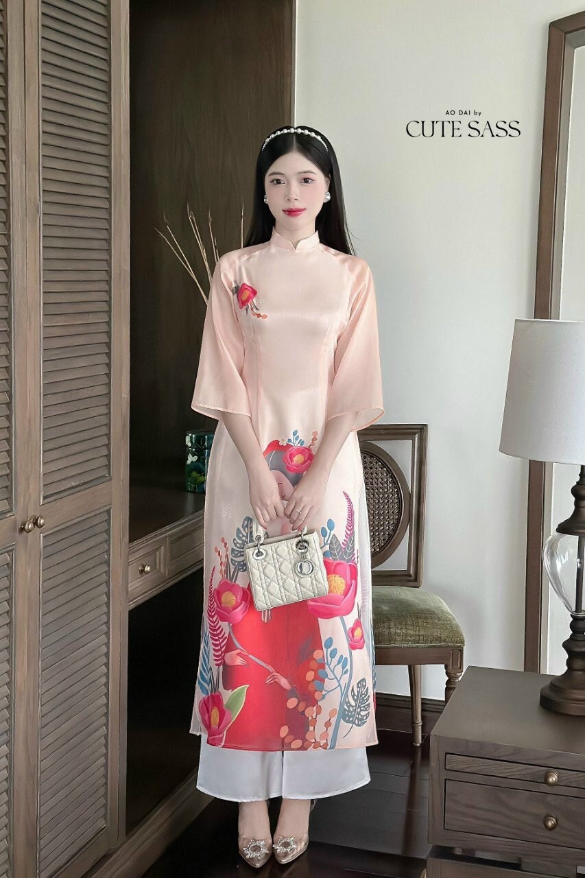 Blush Printed Chiffon Ao Dai Set | Pre-made Modernized Vietnamese Ao Dai| Women Ao Dai with Pants| Lunar New Year| Ao Dai Cach Tan|