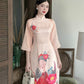 Blush Printed Chiffon Ao Dai Set | Pre-made Modernized Vietnamese Ao Dai| Women Ao Dai with Pants| Lunar New Year| Ao Dai Cach Tan|
