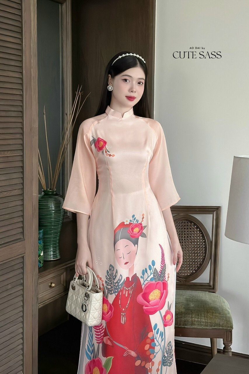 Blush Printed Chiffon Ao Dai Set | Pre-made Modernized Vietnamese Ao Dai| Women Ao Dai with Pants| Lunar New Year| Ao Dai Cach Tan|