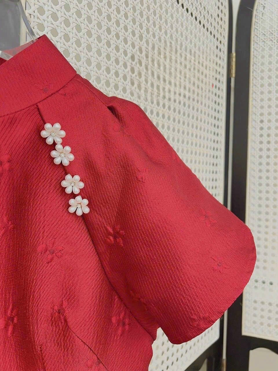 Red Short Sleeve with Pearl Flowers Ao Dai Set | Pre-made Modernized Vietnamese Ao Dai | Ao Dai with Pants| Lunar New Year| Ao Dai Cach Tan|