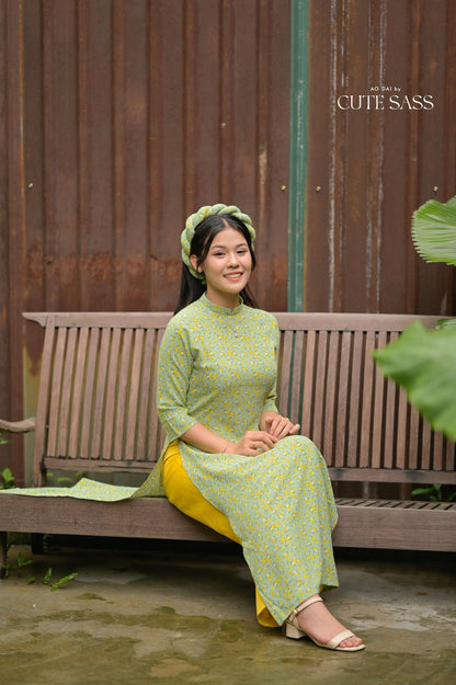 Cyan Hoa Ao Dai Set with Twisted Headband