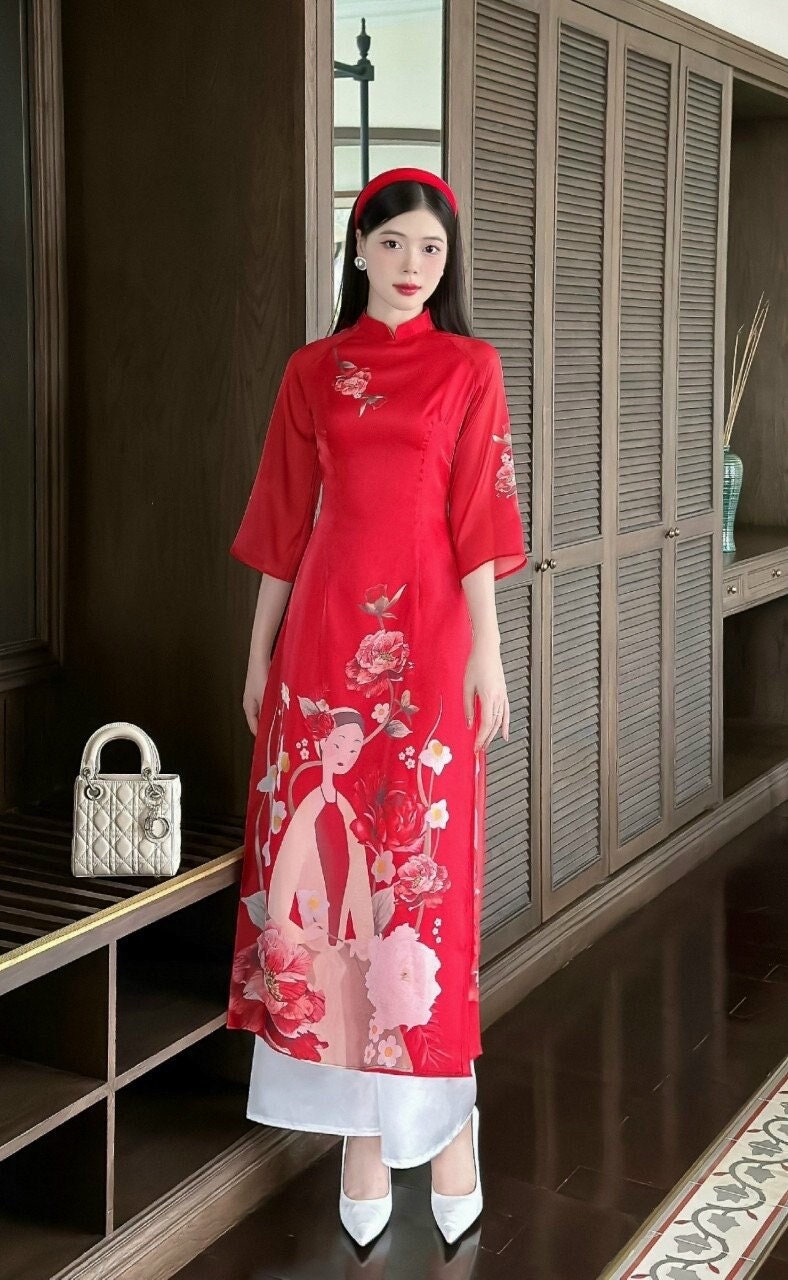 Red Printed Chiffon Ao Dai Set | Pre-made Modernized Vietnamese Ao Dai| Women Ao Dai with Pants| Lunar New Year| Ao Dai Cach Tan|