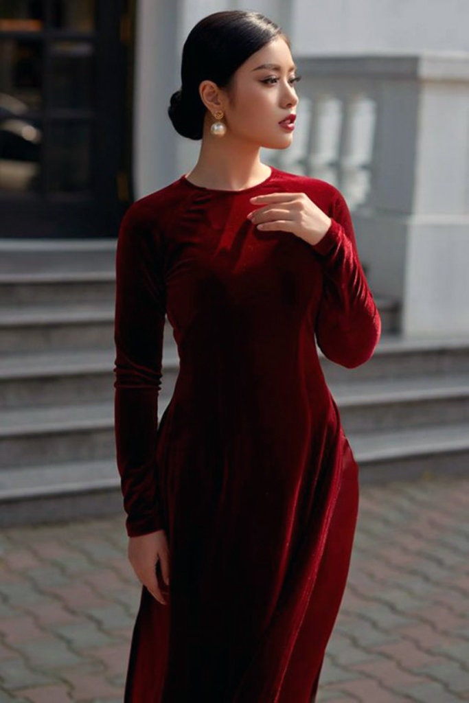 Champagne Red Velvet Plain Ao Dai Top Only, NO PANTS