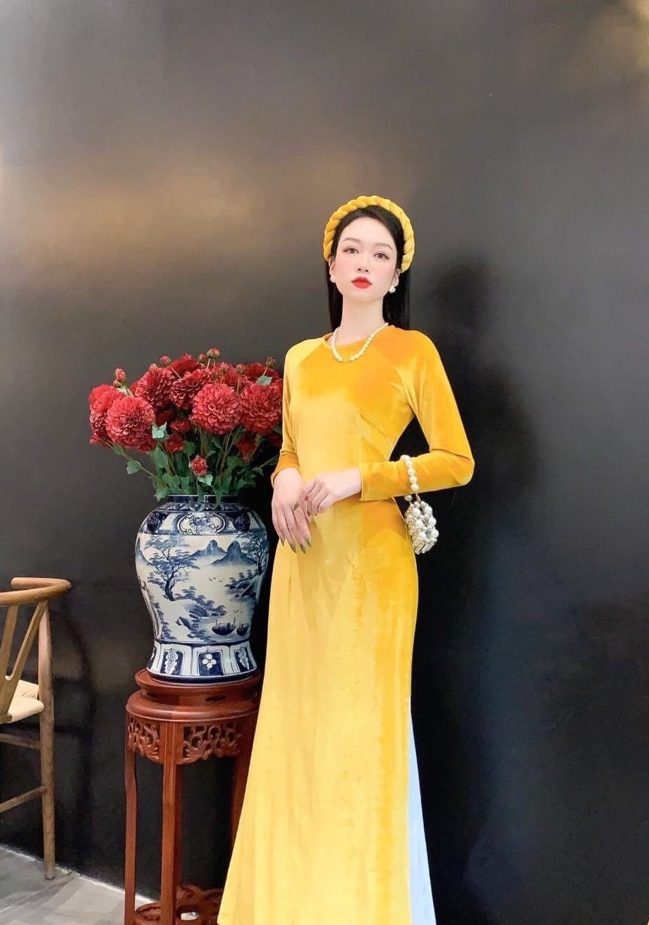 Yellow Velvet Ao Dai Top Only, NO PANTS