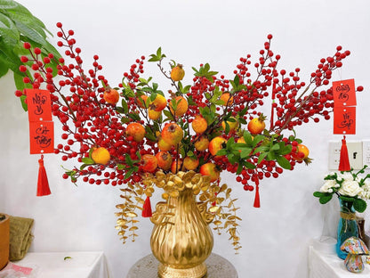 Pomegranate Faux Branches 35" Tall, 7 Poms - Tet Decoration