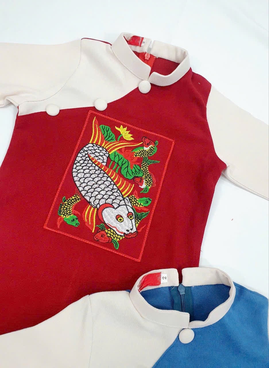 Boy Red/Blue Embroidery Koi Ao Dai Top | Pre-made Traditional Vietnamese Ao Dai | Lunar New Year | Ao Dai for Boy |